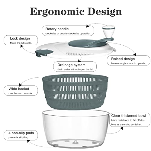 Ourokhome Salad Spinner Dryer Washer, Large Hand Crank Professional Kitchen Gadgets With Bowl And Colander, Easy Cleaning, Washing, Drying Vegetables, Fruits, Lettuce, Greens, Lockable, 4 L, Gray #TOP3