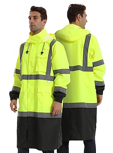 Image of Reflective Rain jackets for men waterproof,Hi Vis Rain Coat With 3M Reflective Strips，High Visibility Class 3 Rain Gear With 2 large pockets，Zipper,Black Bottom Lime,Small