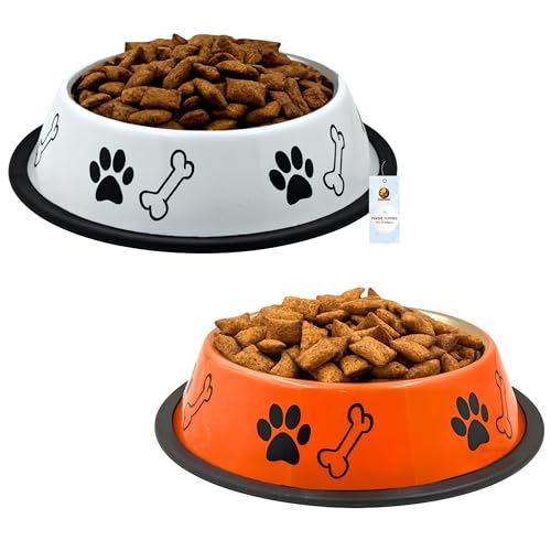 Image of Foodie Puppies Stainless Steel Dog Bowl Combo - (Medium, 700ml) Food and Water Feeding Gift Bowl | Suitable for Dogs, Cats and Other Pets I Paw Bone Print, Anti-Skid Rubber Base (White + Orange)