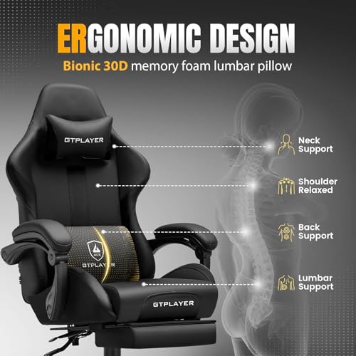 Image of GTPLAYER Gaming Chair with Pocket Spring Cushion, Leather Office Chair with Ergonomic High Back & Lumbar Support for Back Pain Relief, Computer Game Chair for Adults, Black