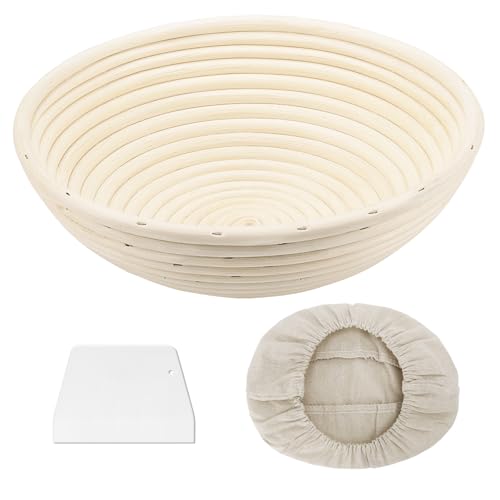 Clheatky Banetones Pan 23cm Redondo, Cesta Fermentacion Pan con Rascador y Lino, 100% Ratán Natural Round Banneton Proofing Basket, Capacidad para 600g de Masa