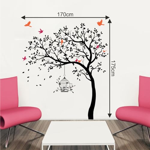 Image of Rawpockets Tree with Birds and Cage(PVC Vinyl) Self Adhesive WallSticker (Black)