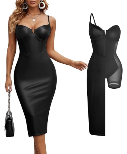 Popilush Corset Shapewear Dress Faux Leather Club Midi Dress V Neck Night Out Bodycon Dresses for Women Black