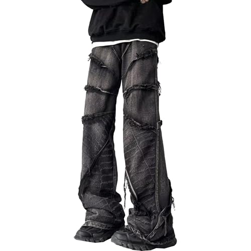 Stacked Jeans Men Mens Baggy Jeans Patchwork Sewn Details & Ripped Streetwear Look with Pockets