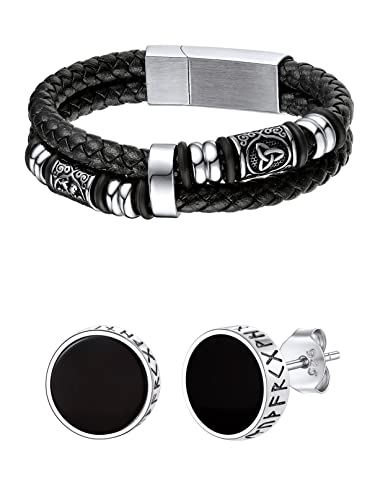 Bandmax Mens Viking Jewelry Set Cetic Bracelets Black Leather Cuff Bracelet Sterling Silver Viking Black Onyx Earrings For Men #TOP9