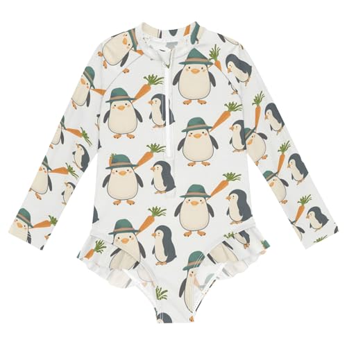 Penguin Carrying Carrot Girls Long Sleeve Swimsuit Rash Guard One Piece Bathing Suits Zipper 3-12T