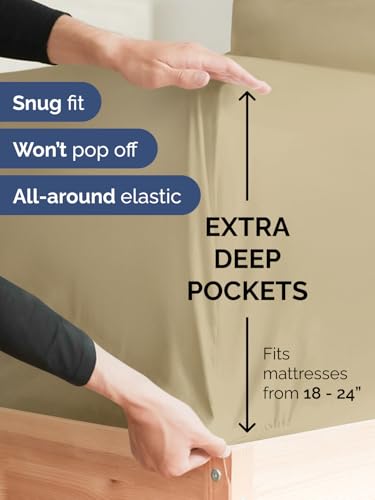 Image of Extra Deep King Fitted Sheet - Single Fitted Sheet Only - Beige | Easily Fits 18 inch to 24 inch Mattress, Soft, Wrinkle Free, Breathable & Comfy, Extra Deep Pockets Hotel Luxury Fitted Sheet