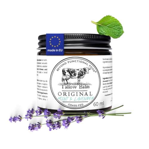 Beyond Functional Food ORIGINAL Beef Tallow Baume avec Huiles Essentielles de Lavande et de Menthe - Baume Naturel au Suif de Boeuf et Huile d’Avocat - Whipped Tallow Cream - 60 ml