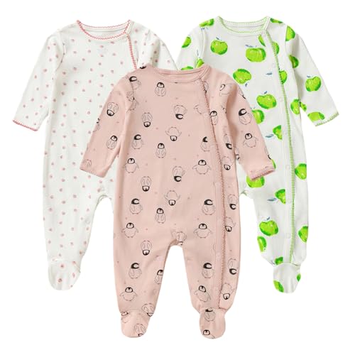 Image of Minicoco Baby Girls Cotton Footies 3-Pack Long Sleeve Baby Footed One-Piece Jumpsuit