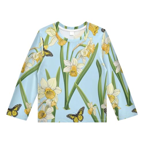 Daffodils Yellow Butterfly Floral Rash Guard Shirt for Boys Sun Protection Shirt for Running Swiming Pool UPF50+ 5-6T
