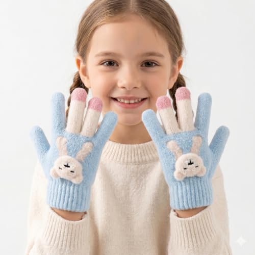 Image of Kids Winter Woolen Hand Gloves for Girls (Age 8-12 Years) | Soft Warm Knitted Gloves | Cute Teddy Bear Design | Cold Weather Gloves