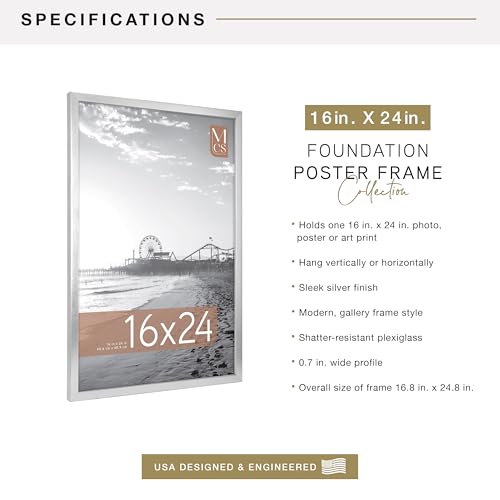 Image of MCS Foundation 16x24 Poster Frame Traditional Silver, Vertical & Horizontal Wall Hanging Large Picture Frame for Photos, Posters & Art Prints (1-Pack)