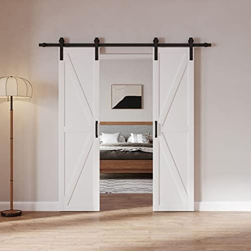42in x 84in (Double 21in×84in Door) Barn Doors with 7ft Hardware Kit, Pre-Finished Surface, Pre-Drilled Holes Easy Assembly, Solid MDF Covered with Water-Resistant PVC Surface, K Frame, White