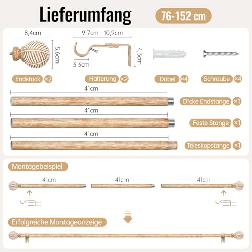 DEFYNEE Gardinenstange 76-152 cm | Metall mit Holzoptik, Ø 25 mm | Vorhangstange Ausziehbare Wand- & Deckenmontage | Für Wohnzimmer, Schlafzimmer, Terrasse - Hellbraun