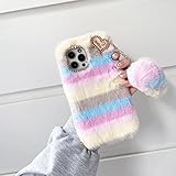 ISYSUII Fluffy Case for iPhone 5/5S for Women Girls Fuzzy Furry Warm Plush Winter Case with Bling Diamond Love Heart Hair Ball Pendant Soft Shockproof Silicone Protective Case,Pink