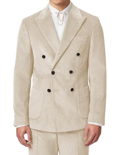 Mens Casual Corduroy Suit 2 Piece Regular Fit Double Breasted Suit Men Wedding Prom Corduroy Blazer Pants Set