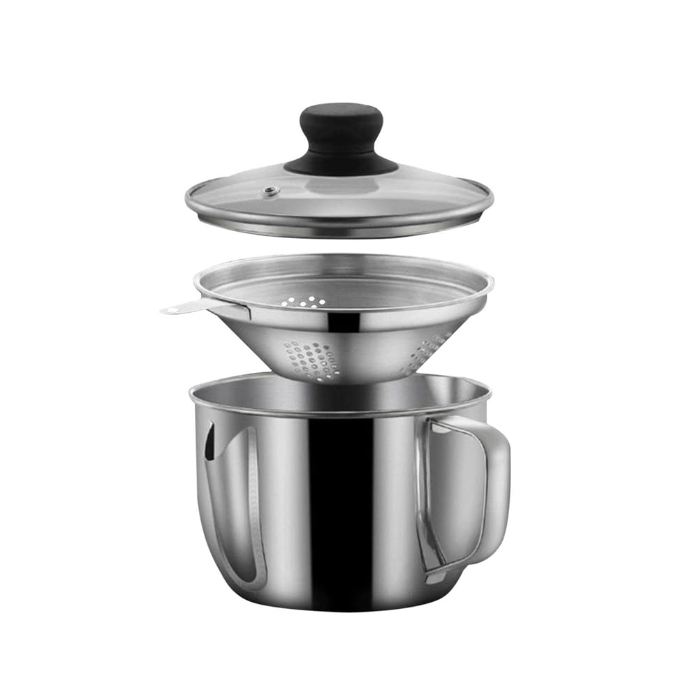 Hopbucan Stainless Steel Fat Separator 1L/4 Cup, Grease Separator with Strainer and Glass Lid, Soup Oil Separator Cup