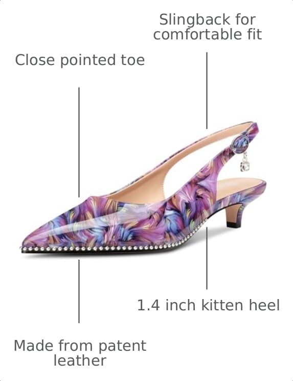Image of TNYNFBEB Womens Low Kitten Heel Close Pointed Toe Pumps Slingback Silver Beaded Buckle Prom Party Dress Patent Leather 1.4 Inches Heels