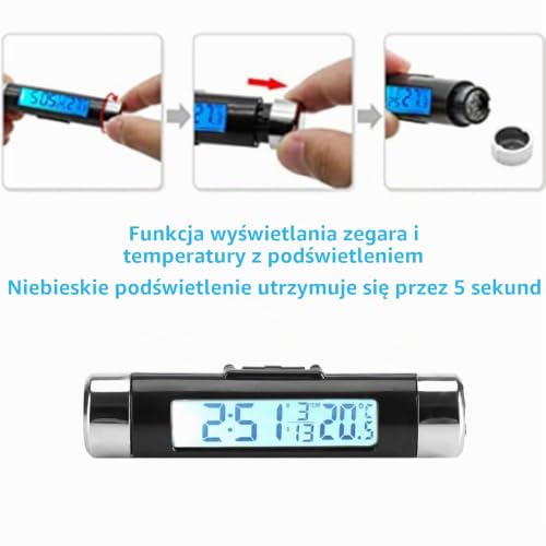 Cyfrowy Zegar Samochodowy LCD z Termometrem, Podświetlenie Niebieskie, do Montażu w Kratce Wentylacyjnej, Wyświetlacz LED