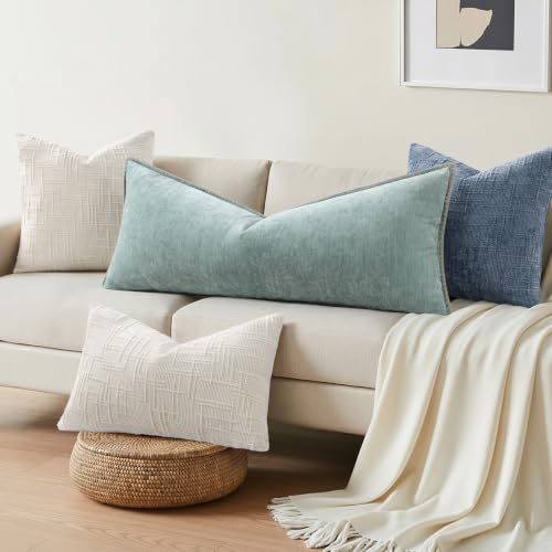 Image of decorUhome Fall Chenille Soft Cozy Throw Pillow Covers 14x36 Set of 1, Modern Farmhouse Boho Velvet Decorative Pillow Cases with Stitched Edge for Couch Sofa Bed Home Decor, Aqua Haze