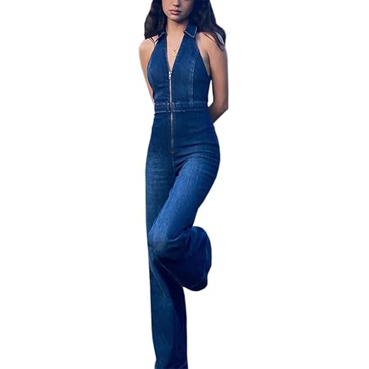 Denim Jumpsuit for Women Sexy Slim Fit Zipper Sleeveless V-Neck High Waist Fashion Jean Pants Rompers