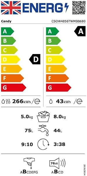 Candy CSOW4856TWMBB680 Freestanding Washer Dryer with LED Display, 8 or 5kg Load, 1400RPM, Speed Driver Motor, Black, D or A Rated [Energy Class D]