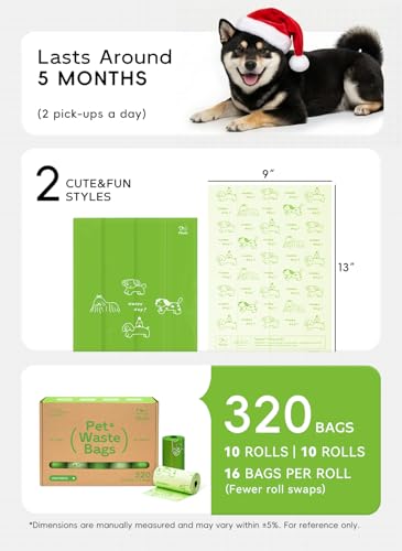 Image of Dog Poop Bags, 320 Count, Unscented, Green | Fragrance-Free Formula, Extra Thick, 60% Recycled Plastic, 16 Bags Per Roll, Dual Green Designs, Easy-Peel Sticker