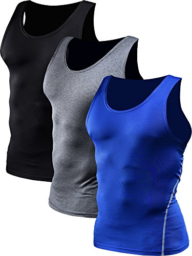 NELEUS Men's 3 Pack Athletic Compression Under Base Layer Sport Tank Top,01,Black,Grey,Blue,L,EUR XL