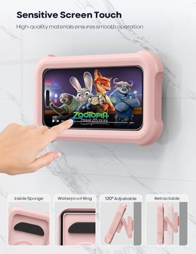 Image of Lamicall Waterproof Shower Phone Holder - Women Girls Shower Bath Cellphone Accessories, Shower Walls & Surrounds Phone Mount Stand, Christmas Bathroom Case Gift Gadget for iPhone, 4-7 inch Phones, Pink