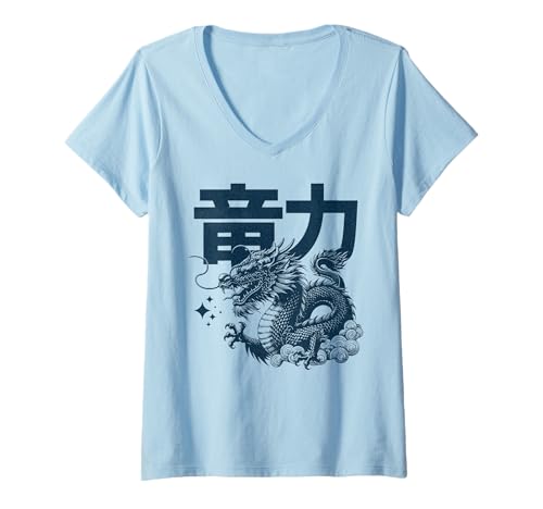 Femme Dragon mythique Kanji esthétique japonaise T-Shirt avec Col en V