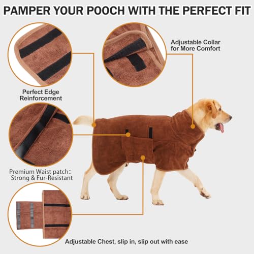 HezzLuv Bademantel für Hunde, Hundebademantel aus Mikrofaser für mittlere und große Hunde, super saugfähiger Haustier Trockenmantel, ganzjahres schnell trocknendes Hundehandtuch (Braun,L)