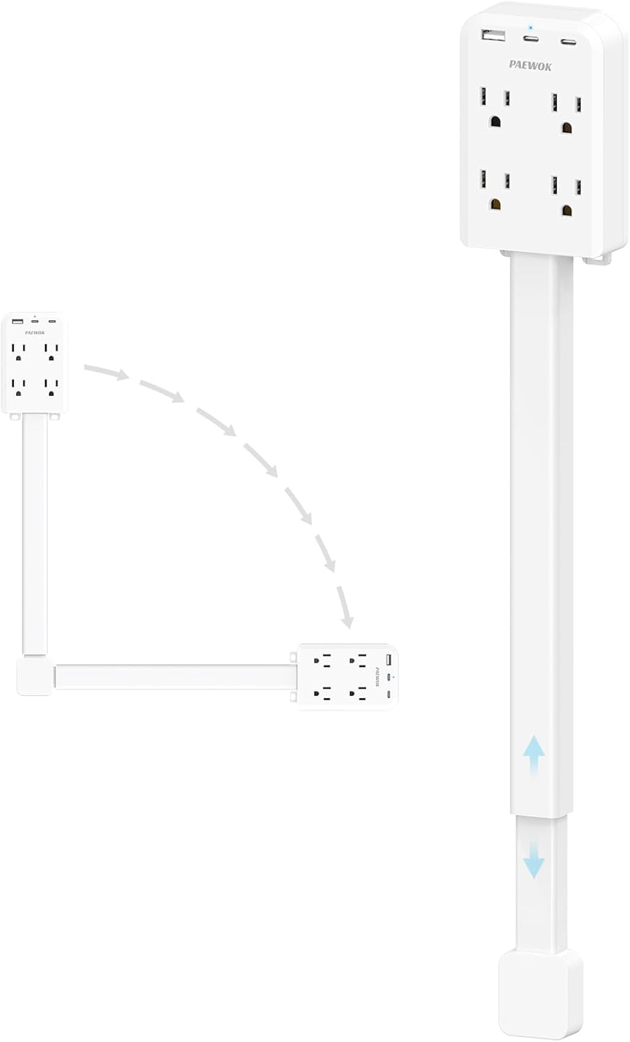 Electrical Outlet Extender Stick with USB Ports(2 USB C), 180° Rotating Extendable Wall Plug with 4 AC Outlet, Adjustable 17.7"-27" Extendable Power Strip Stick for Behind Couch, Desk and Bed