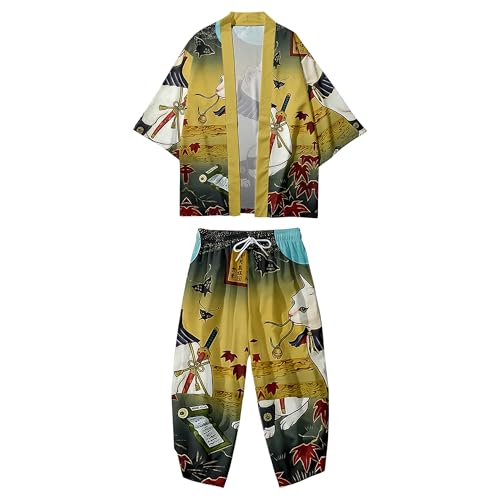 Image of DOSLAVIDA Men's Japanese Kimono Jacket Set Stylish Open Front Coat With Shorts Chinese Style Printed Cardigan Suit