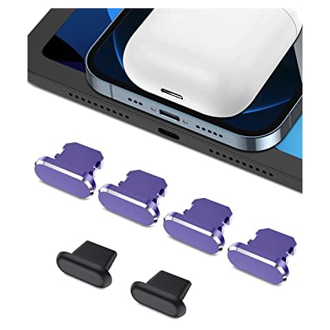 AUZOSL Pack of 6 Dust Protection Plugs Compatible with iPhone 13 12 4 Aluminium + 2 Silicone Dust Plugs, Dark Purple Cover