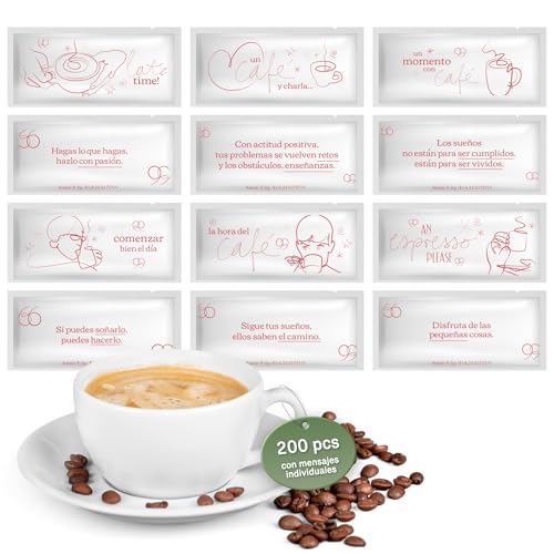 200 Azucarillos individuales con Frases Originales - Azúcar Blanco Individual - Sobres de Azúcar Monodosis de 6 gramos - Ideal para Oficina, Hogar y Hostelería. (FRASES)