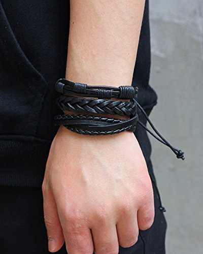 Image of Young & Forever Multi-Pack Men's Leather Bracelet Set - Braided Rope, Vintage Bead, Gothic Punk Skull, & Boho Wrapped Multi-Layer Cuff Wristbands, Adjustable Jewelry Pack