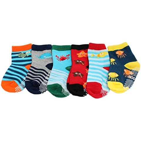 6-pack Baby Kids Boys Cotton Rich Non-slip Sea Creature Striped Socks, Multicoloured, 3-5 Years Cover