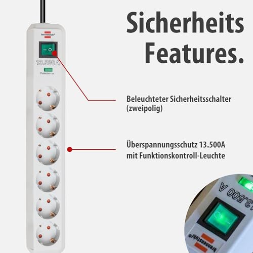 Brennenstuhl Eco-Line Steckdosenleiste 6-Fach mit Überspannungsschutz (Mehrfachsteckdose mit erhöhtem Berührungsschutz, Schalter und 1,5m Kabel) grau – Bild 4