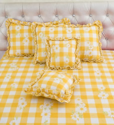 Image of VOMZER 5-Piece Premium Printed Bedsheet Set 300 TC King Size | Cotton Blend Modern Design Flat Bedsheet, Yellow Check