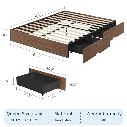 Image of GarveeHome Queen Size Wood Platform Bed Frame with 2 Storage Drawers, Wooden Bed Frame Without Headboard, Wood Slat Support, No Box Spring Needed, Easy Assembly