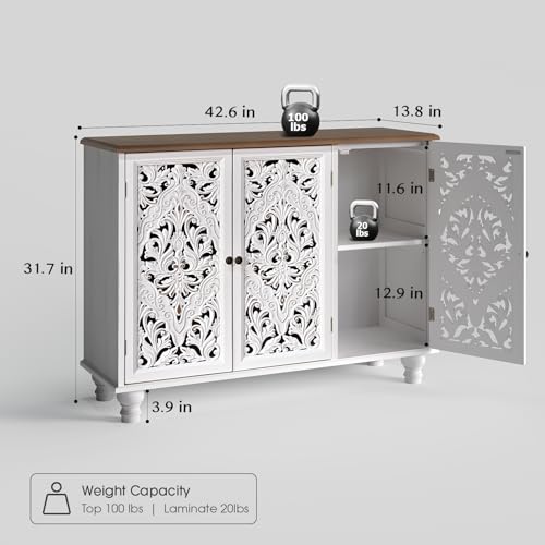 Image of Accent Cabinet with 3 Doors, Decorative Storage Cabinet with Adjustable Shelf, Carved Sideboard Buffet with Solid Wood Legs for Living Room, Entryway, Kitchen, Hallway, White