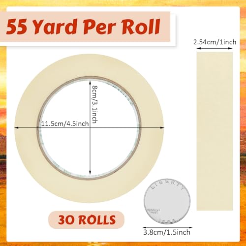 Image of Fainne 30 Rolls Masking Tape Bulk 1 Inch 55 Yards | General Purpose Tape for Classroom, Labeling, Crafts, Office, School Projects, Easy Tear & Clean Removal, Beige White