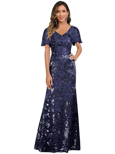 V Neck Mother of The Bride Dresses for Women Short Sleeve Long Sequin Lace Evening Formal Dress4