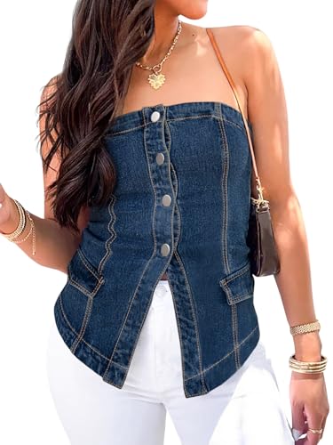 Cicy Bell Womens Strapless Denim Vest Summer Button Down Jean Tube Tops Y2k Going Out Fitted Bandeau Shirts Waistcoat Blue