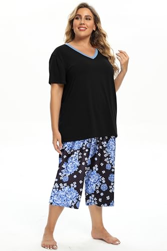Image of Vozanet Women's V Neck Sexy Pajamas Capri Sets Mexican Style Floral Sleepwear 2PCS Totem Casual Nighty Plus Size M to 5XL