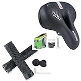 Fahrrad Komfort Set: Ergonomische Lenkergriffe (gewellt) mit Anti-Rutsch-Textur für Fahrräder & Mountainbikes + Hochwertiger Fahrradsitz aus Memory-Schaumstoff (hohe Rückfederung & Atmungsaktivität),