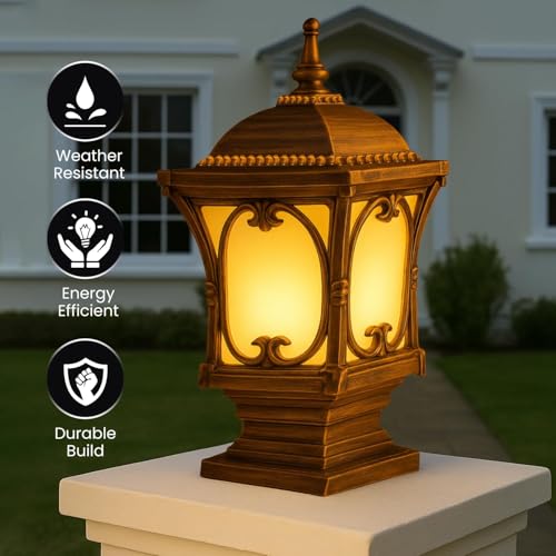 Image of GIGAWATTS Apple Outdoor Gate Light - 101% Rust & Waterproof Die-Casting Aluminium Exterior Piller Lamp Base Mount for Garden, Boundary Walls & Home Entrances (B22 Holder, Bulb Not Included, Gold)