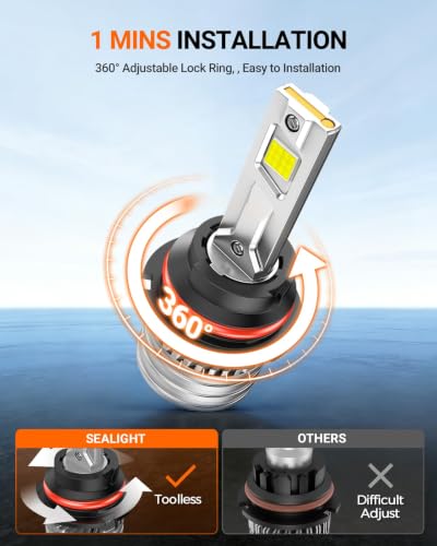 Image of SEALIGHT H13 Bulbs, 90,000LM 14X Brightness, 9008 H13 6500K White, IP68 Waterproof 70000Hrs Lifespan, 5X Heat Dissipation driving, Plug and Play, 2 Pack