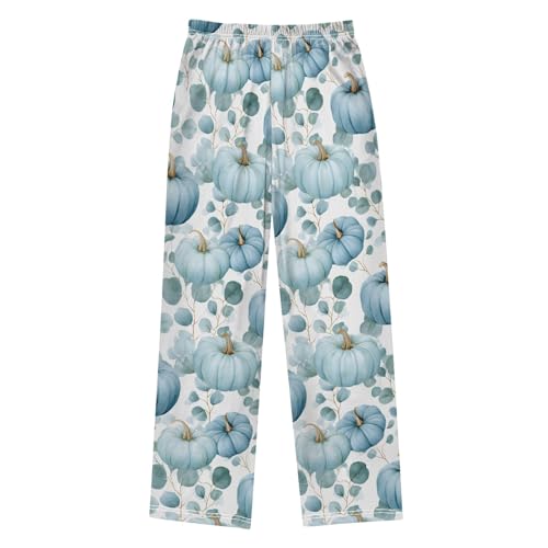 Pajama Pants Lounge Sleep PJ Bottoms Sleepwear Elastic Waist Drawstring S Blue Pumpkin Leaves2