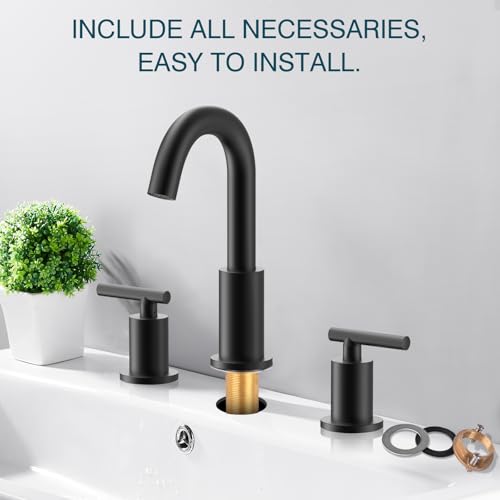 TRUSTMI Bathroom Faucet 3 Hole 2-Handle 8 inch Widespread Bathroom Sink Faucet with Pop Up Drain and cUPC Faucet Supply Hoses, Matte Black